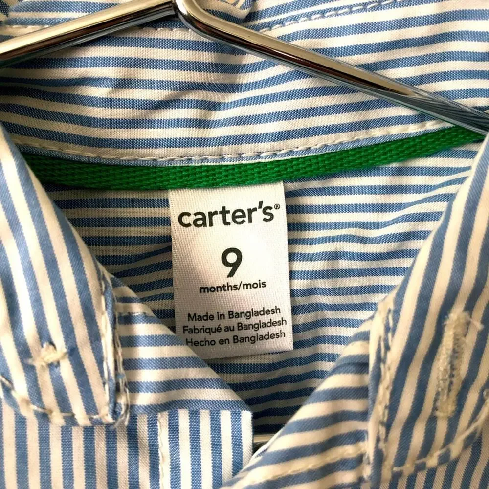 Carter’s blue white vertical stripe button down collared shirt top cuffed sleeve